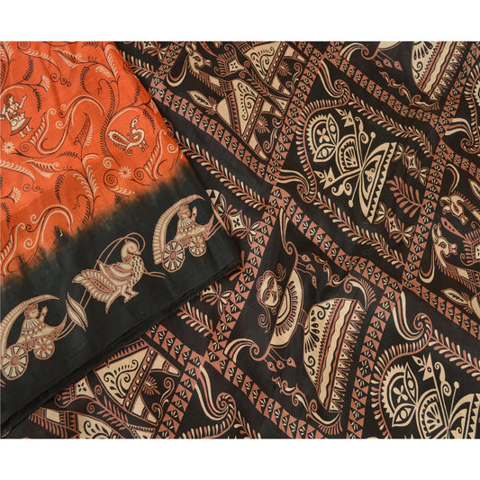 Sanskriti Vintage Orange Sarees Women Peacock Print Pure Silk Sari Craft Sustainable Fabric